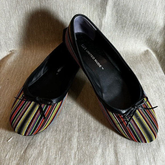 UNITED NUDE Sz 38 Multi Coloured Striped Funky Heel Slip On Ballet Flats Shoes - Picture 1 of 12